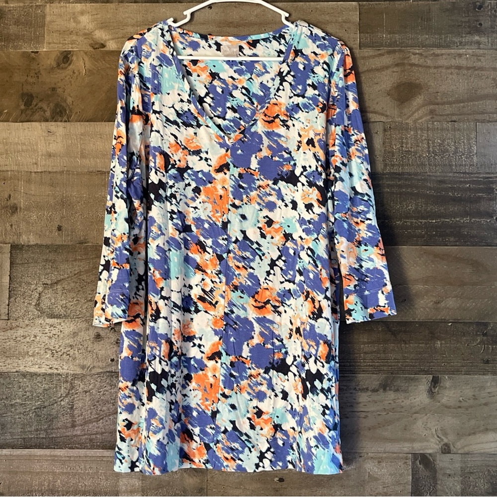 Chico's Casual Blue and Orange V-Neck Sheath Dress